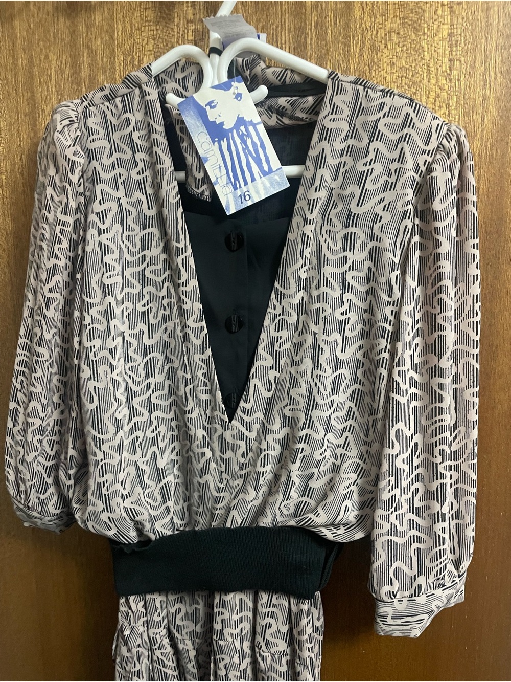 Vintage Black & Taupe faux layered dress with pleated skirt